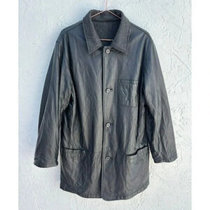 111 State Mens Leather Wool Reversible Collared Long Sleeve Jacket Black Sz M/L